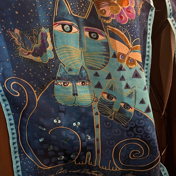 *Sold* Laurel Burch Indigo Cats and Butterflies 100% Silk Oblong Scarf 53 X 11! - Picture 5 of 12